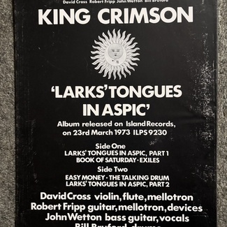 KING CRIMSON Larks' Tongues original March 1973 UK press release